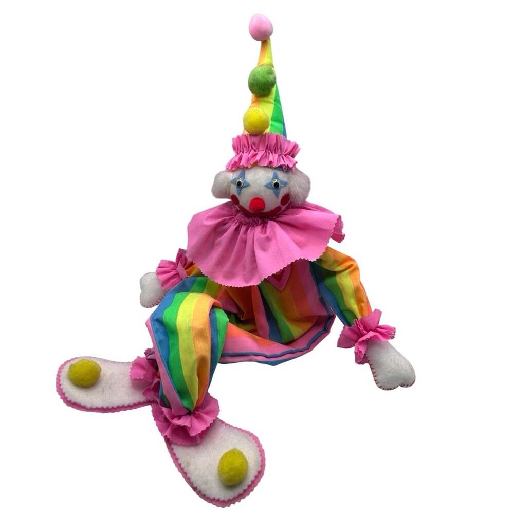 Vintage Clown Circus Costume Block Shelf Sitter Pink Bright Rainbow 16" Handmade